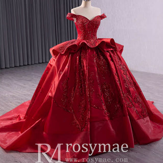 Off the Shoulder Sparkly Wedding Gown Ruffle Puffy Quince Dress - Rosymae