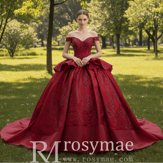 Off the Shoulder Sparkly Wedding Gown Ruffle Puffy Quince Dress - Rosymae