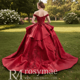 Off the Shoulder Sparkly Wedding Gown Ruffle Puffy Quince Dress - Rosymae