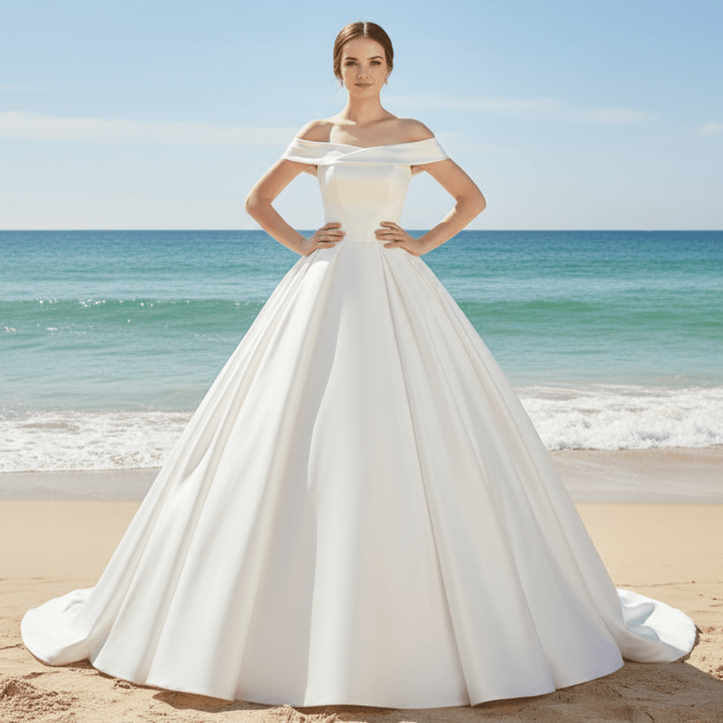 Off the Shoulder Straight Neck Wedding Dress with Puffy Skirt - Rosymae