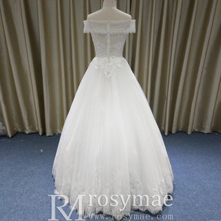 Off the Shoulder Straight Neckline Wedding Dress with Lace Appliqued - Rosymae