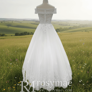 Off the Shoulder Straight Neckline Wedding Dress with Lace Appliqued - Rosymae