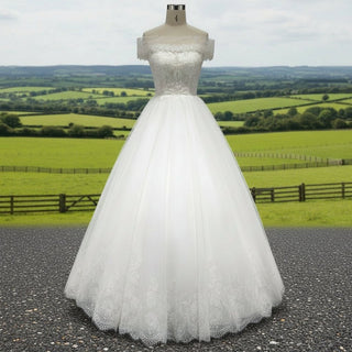 Off the Shoulder Straight Neckline Wedding Dress with Lace Appliqued - Rosymae