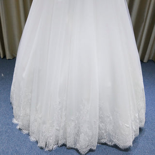 Off the Shoulder Straight Neckline Wedding Dress with Lace Appliqued - Rosymae