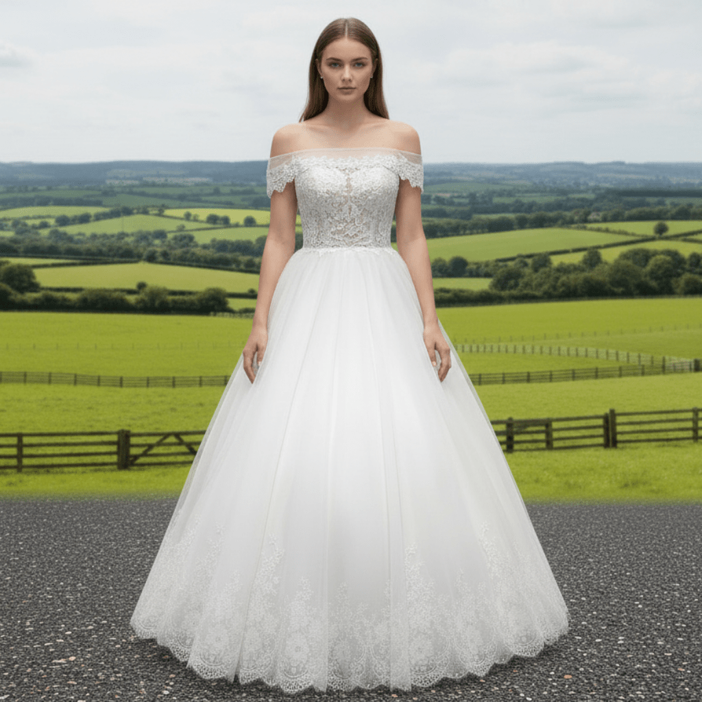 Off the Shoulder Straight Neckline Wedding Dress with Lace Appliqued