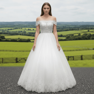 Off the Shoulder Straight Neckline Wedding Dress with Lace Appliqued - Rosymae