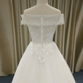 Off the Shoulder Straight Neckline Wedding Dress with Lace Appliqued - Rosymae