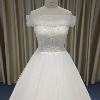 Off the Shoulder Straight Neckline Wedding Dress with Lace Appliqued - Rosymae