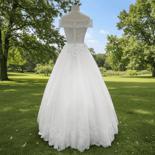 Off the Shoulder Straight Neckline Wedding Dress with Lace Appliqued - Rosymae