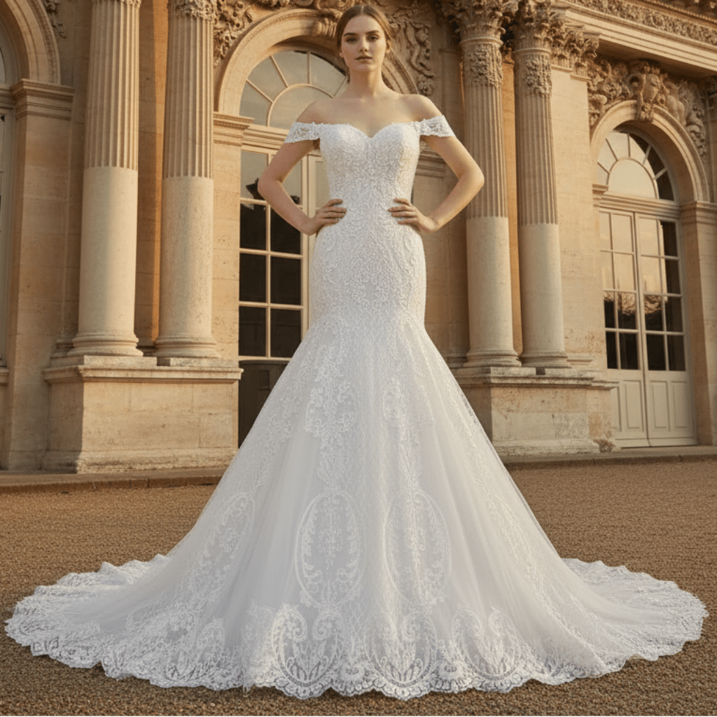 Off the Shoulder Sweetheart Trumpet Lace Wedding Dress - Rosymae