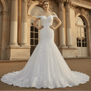 Off the Shoulder Sweetheart Trumpet Lace Wedding Dress - Rosymae