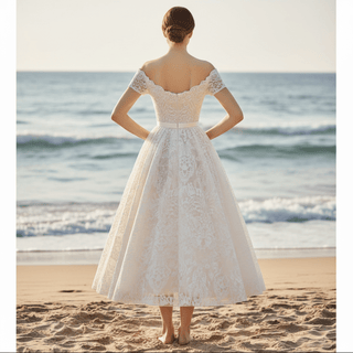 Off the Shoulder Tea Length Sheer Bodice Lace Wedding Dress - Rosymae