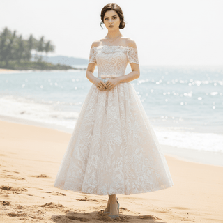 Off the Shoulder Tea Length Sheer Bodice Lace Wedding Dress - Rosymae