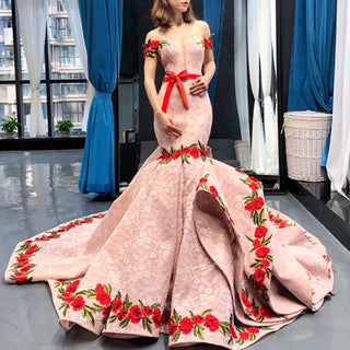 Pink Mermaid Lace Red Appliques Off The Shoulder Prom Dress With Sash
