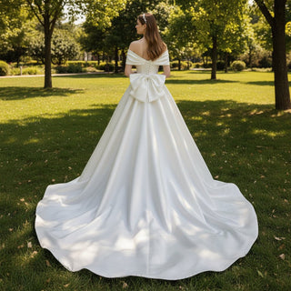 Off the Shoulder Trumpet Mermaid Wedding Dress with Pearls - Rosymae