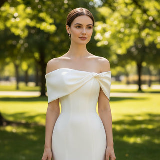 Off the Shoulder Trumpet Mermaid Wedding Dress with Pearls - Rosymae