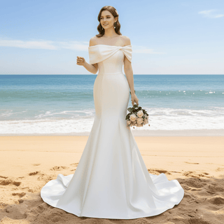 Off the Shoulder Trumpet Mermaid Wedding Dress with Pearls - Rosymae