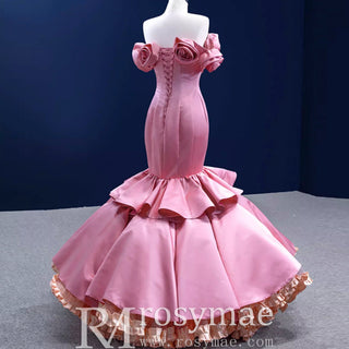 Off the Shoulder Trumpet Pink Prom Dress with Handmade Flowers - Rosymae