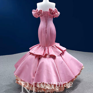 Off the Shoulder Trumpet Pink Prom Dress with Handmade Flowers - Rosymae