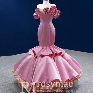 Off the Shoulder Trumpet Pink Prom Dress with Handmade Flowers - Rosymae