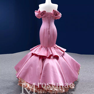 Off the Shoulder Trumpet Pink Prom Dress with Handmade Flowers - Rosymae