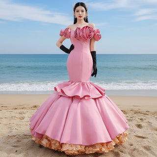 Off the Shoulder Trumpet Pink Prom Dress with Handmade Flowers - Rosymae