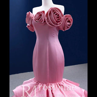 Off the Shoulder Trumpet Pink Prom Dress with Handmade Flowers - Rosymae