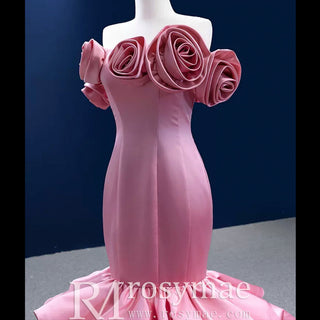 Off the Shoulder Trumpet Pink Prom Dress with Handmade Flowers - Rosymae