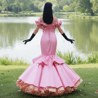 Off the Shoulder Trumpet Pink Prom Dress with Handmade Flowers - Rosymae