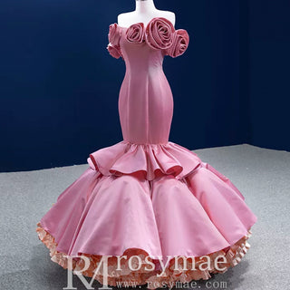 Off the Shoulder Trumpet Pink Prom Dress with Handmade Flowers - Rosymae