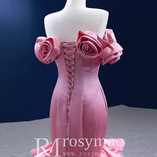 Off the Shoulder Trumpet Pink Prom Dress with Handmade Flowers - Rosymae