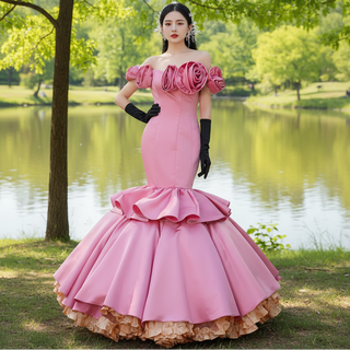 Off the Shoulder Trumpet Pink Prom Dress with Handmade Flowers - Rosymae