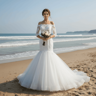 Off-the-Shoulder Trumpet Wedding Dress with Three-Quarter Sleeves - Rosymae