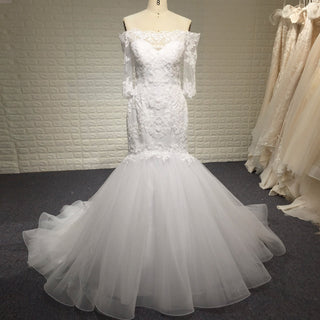 Off-the-Shoulder Trumpet Wedding Dress with Three-Quarter Sleeves - Rosymae