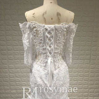 Off-the-Shoulder Trumpet Wedding Dress with Three-Quarter Sleeves - Rosymae