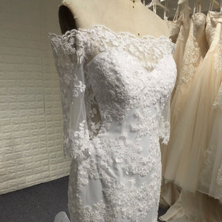 Off-the-Shoulder Trumpet Wedding Dress with Three-Quarter Sleeves - Rosymae