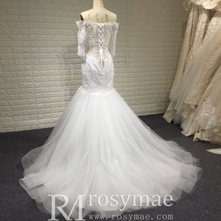 Off-the-Shoulder Trumpet Wedding Dress with Three-Quarter Sleeves - Rosymae