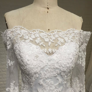 Off-the-Shoulder Trumpet Wedding Dress with Three-Quarter Sleeves - Rosymae