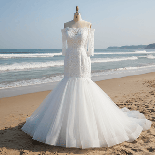 Off-the-Shoulder Trumpet Wedding Dress with Three-Quarter Sleeves - Rosymae