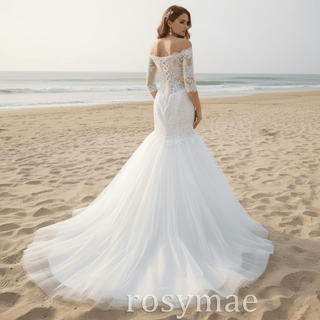 Off-the-Shoulder Trumpet Wedding Dress with Three-Quarter Sleeves - Rosymae