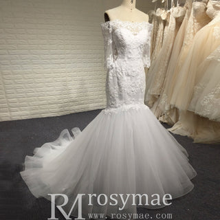 Off-the-Shoulder Trumpet Wedding Dress with Three-Quarter Sleeves - Rosymae