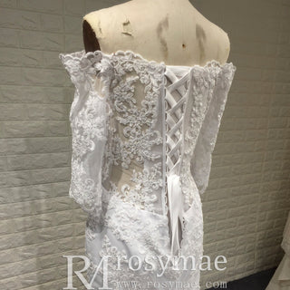 Off-the-Shoulder Trumpet Wedding Dress with Three-Quarter Sleeves - Rosymae
