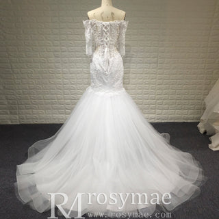 Off-the-Shoulder Trumpet Wedding Dress with Three-Quarter Sleeves - Rosymae