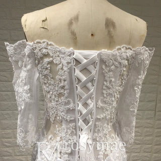 Off-the-Shoulder Trumpet Wedding Dress with Three-Quarter Sleeves - Rosymae