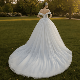 Off the Shoulder Tulle Ball Gown Wedding Dress Beaded Pearls - Rosymae