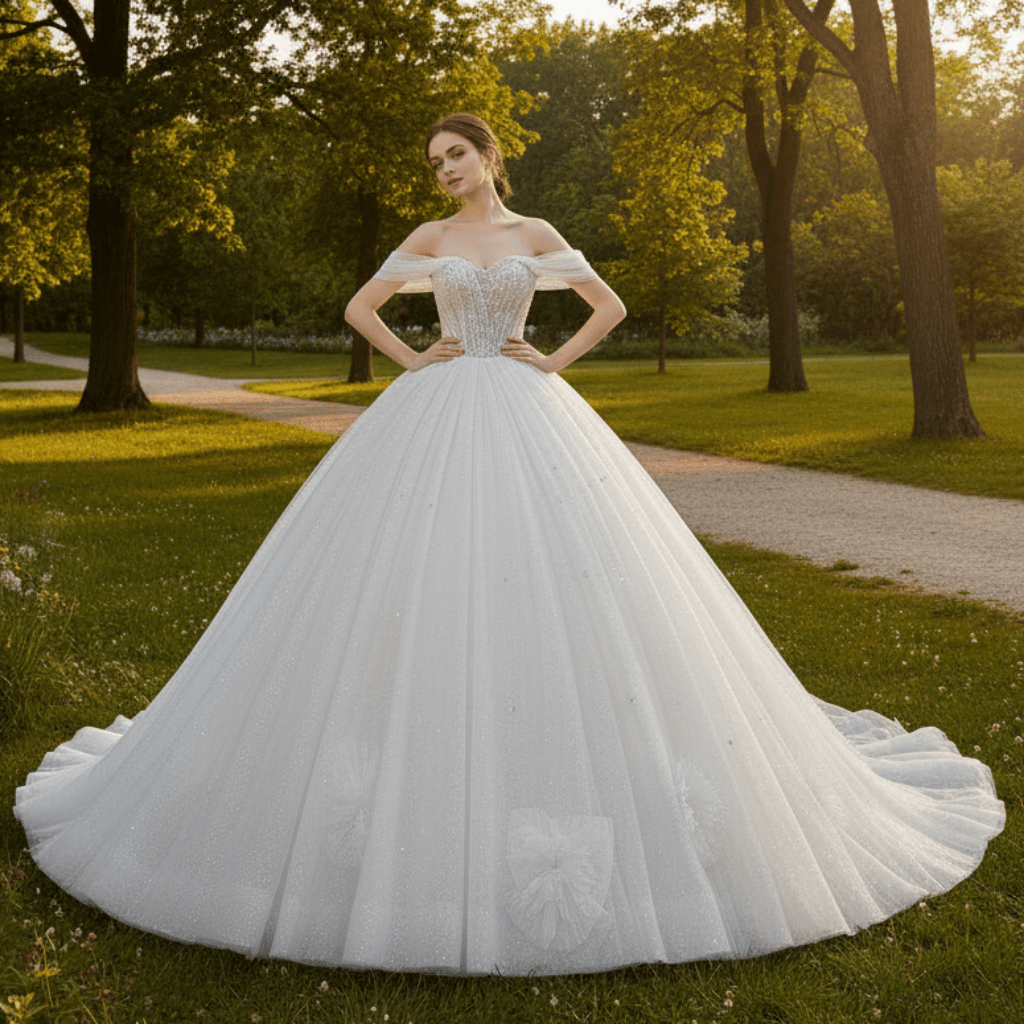 Off the Shoulder Tulle Ball Gown Wedding Dress Beaded Pearls - Rosymae