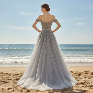 Off the Shoulder A-line Tulle Gray Evening Dress with Crystals