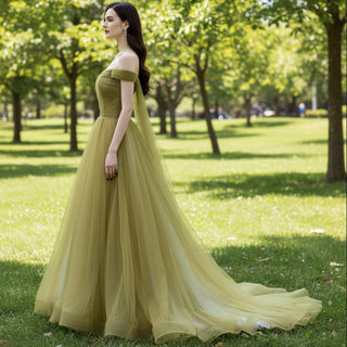 Off the Shoulder Tulle Sage Prom Gown Formal Dress - Rosymae