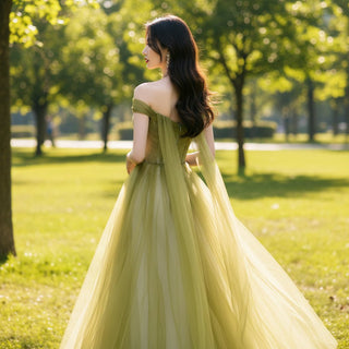 Off the Shoulder Tulle Sage Prom Gown Formal Dress - Rosymae