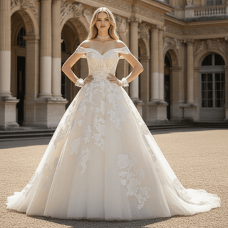 Off-the-shoulder Wedding Dress Puffy Tulle Ball Gown Bridal Dress - Rosymae